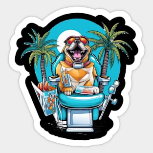 an English Bulldog sitting in a dentist's chair, wearing sunglasses Sticker